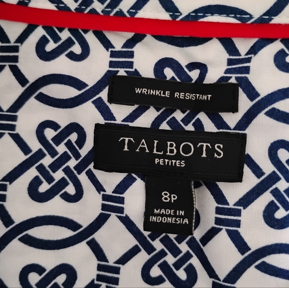 Talbots Petite Non Iron Cotton Stretch Popover Top Navy White Coastal Size 8P - Picture 14 of 16